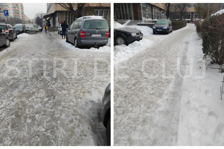Clujenii se simt iarna ca pe un patinoar pe străzile din Cluj-Napoca. Pietonii, „loviți” și de șoferi: „Nene, noi nu putem circula pe trotuar” FOTO