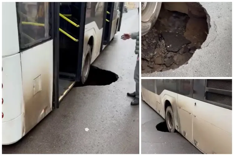 VIDEO Imaginile care au uluit România. Un autobuz a fost blocat total de o groapă de aproape 1 m adâncime!