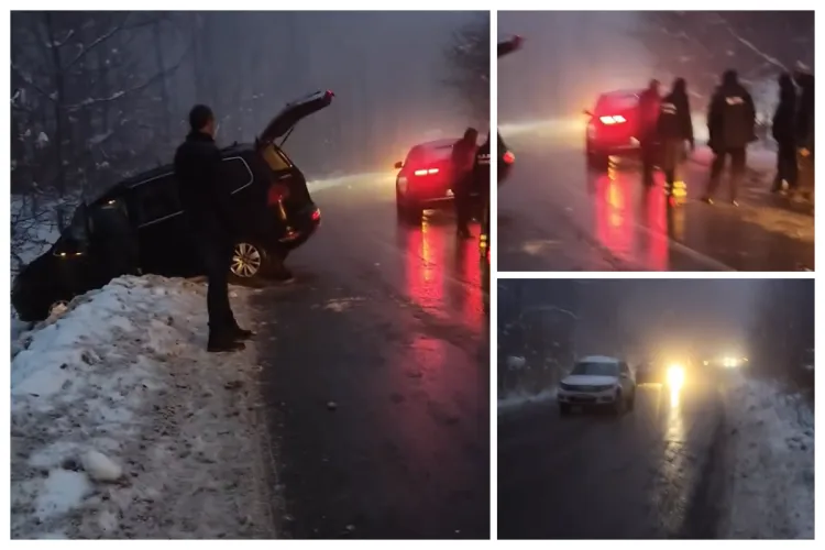 VIDEO. Haos total azi pe drumul din Făget: Clujenii au „blocați” ore în șir cu mașinile pe gheață. Unul a ajuns în șanț: „Nici pe picioare nu puteai sta”