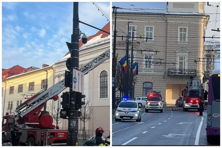 Circulația a fost oprită pe strada Regele Ferdinand din Cluj-Napoca. Operațiune spectaculoasă la mare înălțime a pompierilor FOTO