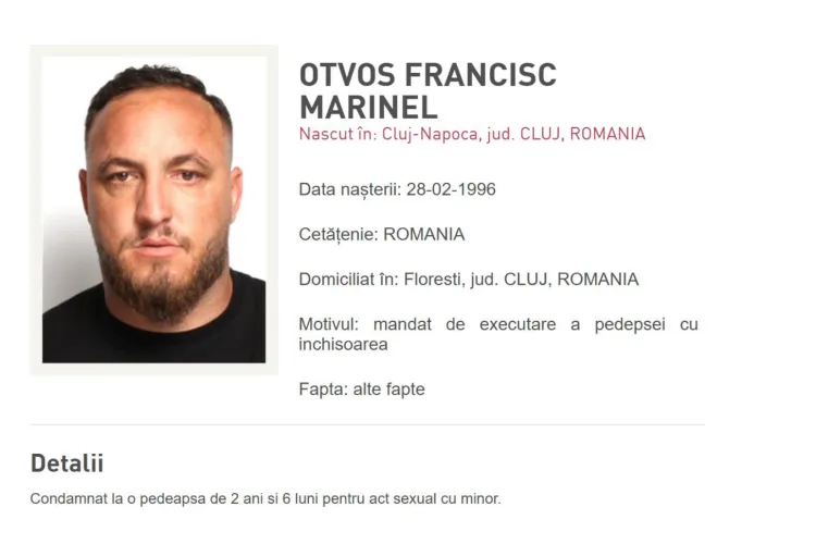 Ultima oră: Clujeanul de 29 de ani dat în urmărire națională pentru relații cu un minor a fost găsit de polițiști și dus la Penitenciarul Gherla