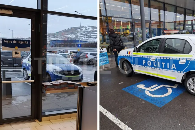 În misiune sau la cumpărături? Într-o comună din Cluj, o mașină de poliție a parcat pe un loc rezervat persoanelor cu dizabilități 