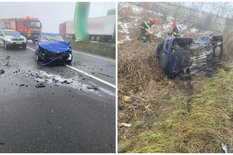 Momente de groază în Cluj! Două mașini au fost implicate într-un accident, dintre care una s-a răsturnat. Un bărbat a rămas încarcerat FOTO 