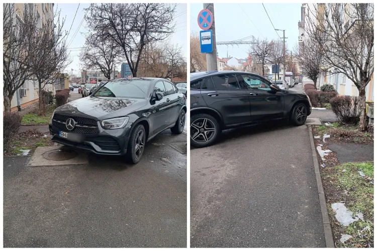 Frumoasă mașină, urâtă parcare. Un Mercedes a blocat complet trotuarul de pe strada Dacia