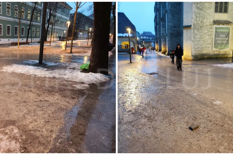 Strada Kogălniceanu din Cluj-Napoca, din nou sub asediul noroiului! Clujenii se strecoară pe lângă clădiri ca să ajungă la destinație