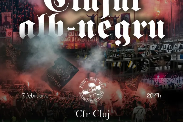 Clujul în alb și negru! Suporterii Universității transmit un mesaj puternic înaintea partidei cu CFR Cluj: „ În Cluj este numai Universitatea”