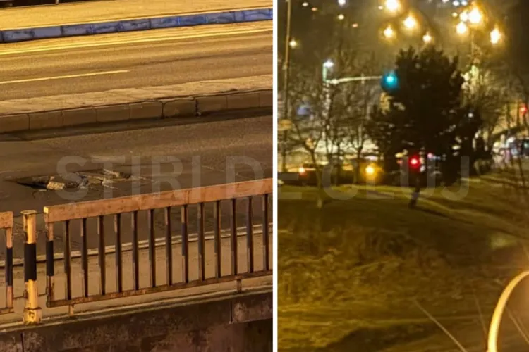 VIDEO. Pericol major un pod din Cluj! Mai multe mașini avariate într-o singură seară din cauza unei gropi uriașe: „Clujul arată ca după bombardamente”