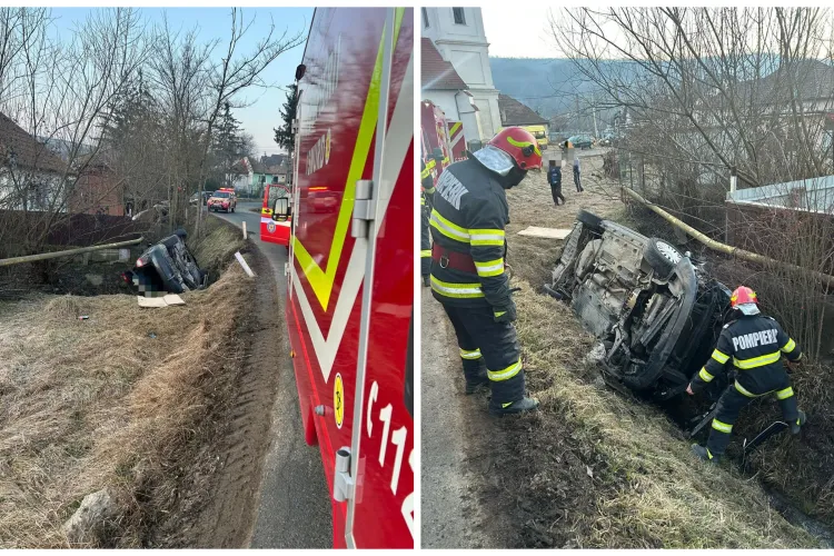 Accident cu două victime! O mașina a „zburat” în afara carosabilului! O femeie a fost transportată de urgență la spital FOTO 