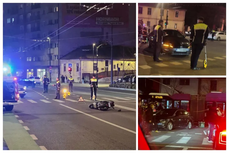 VIDEO. Accident pe Moților, în Cluj-Napoca. Un livrator Bolt pe scuter, nevinovat, a fost proiectat zeci de metri de o șoferiță neatentă