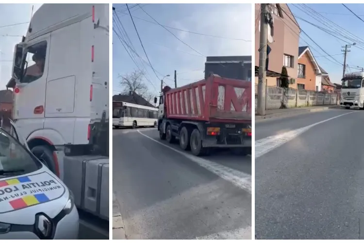 VIDEO. Scandalul de pe Bărc 1 continuă: Camioanele de mare tonaj ignoră interdicțiile și sufocă străzile înguste, iar clujenii ies din nou în stradă