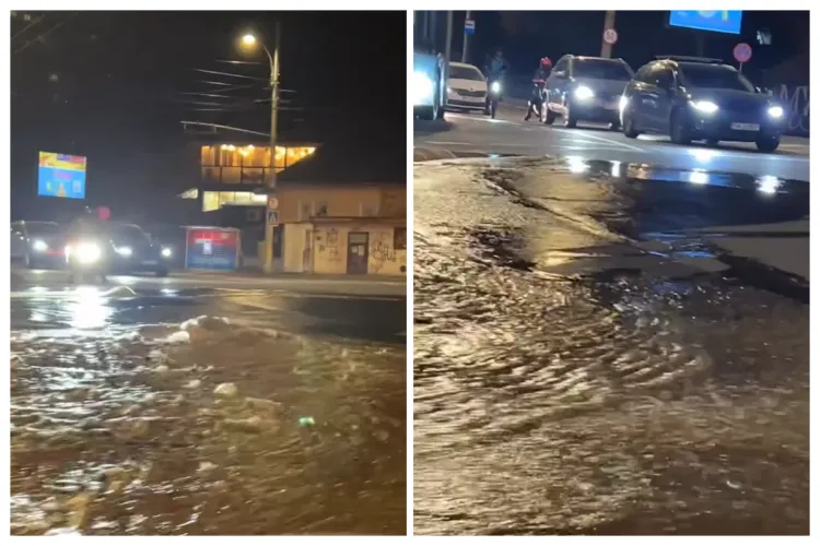 VIDEO. Străzi transformate în „lac” aseară în Cluj, după ce o țeavă a cedat în zona Interservisan. Apa s-a revărsat și a inundat toată intersecția