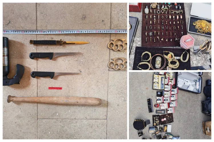 Un adevărat ”arsenal” de luptă, de la bâtă la pumnale-box, au găsit polițiștii clujeni într-o mașina oprită în trafic. Cireașa de pe „tort”: bijuterii fake