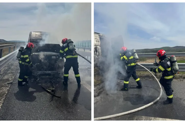 Flăcări pe autostradă! O autoutilitară a fost făcută scrum de un incendiu. Pompierii au intervenit de urgență FOTO