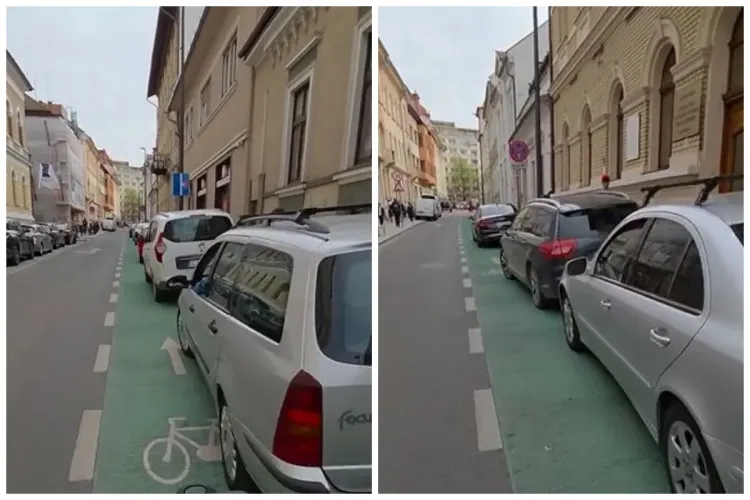VIDEO Legea e încălcată la Cluj chiar sub nasul lui Boc. Pista de biciclete și trotuarul, blocate de mașini, în apropiere de Primărie