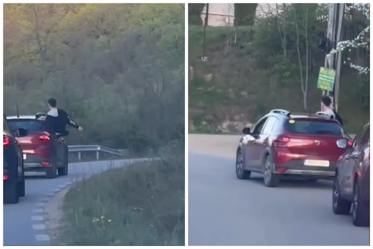 VIDEO Teribilism maxim la Cluj: Șofer cu semn de începător conducea cu pasagerul iesit complet pe geam