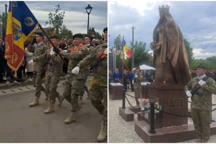 VIDEO. Paradă militară în Jucu și invitați speciali. Momentul dezvelirii statuii Reginei Maria a fost special: „Fondatorii Coroanei Române ne văd de sus”