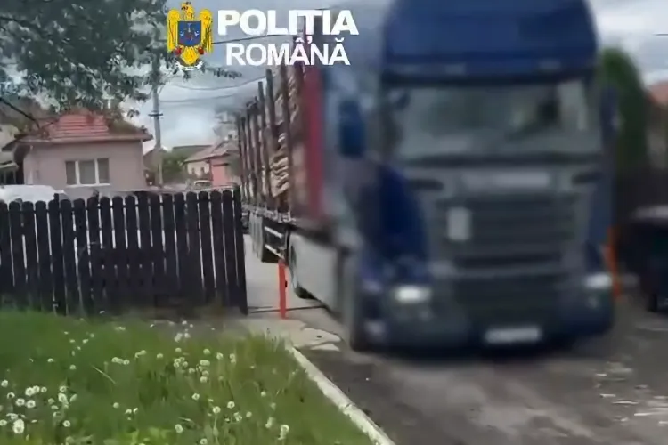 VIDEO. TIR de sute de mii de euro plin cu lemne, confiscat de polițiștii clujeni. La volan era un șofer de 27 de ani