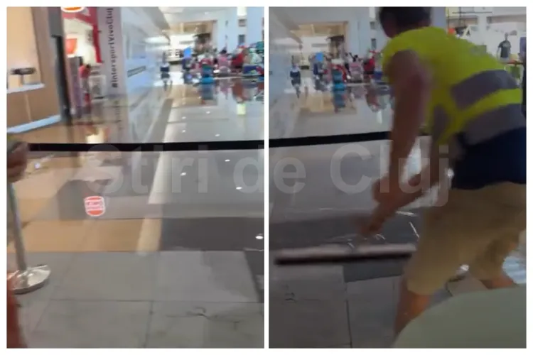 VIDEO: Inundații în VIVO Cluj, acum: „Curge apă dintr-un stâlp de susținere în zona de Food Court. Apă peste tot”