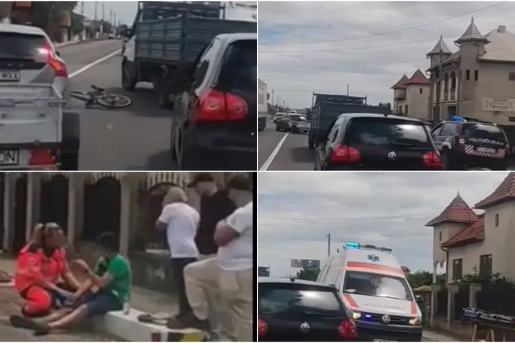 VIDEO. Copil pe bicicletă, lovit de o mașină în Gilău. Trafic îngreunat după accident. Medicii i-au acordat primul ajutor la fața locului