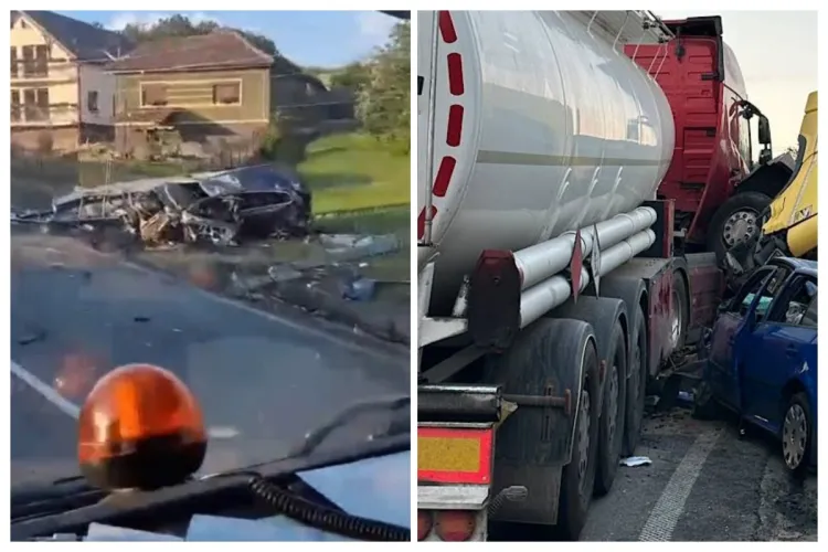 VIDEO: Accident cumplit pe Drumul MORȚII Cluj-Oradea: O clujeancă a murit, alți trei răniți. TIR răsturnat după impactul cu o autocisternă și două mașini