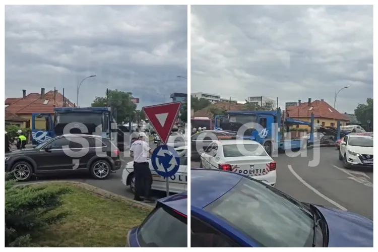 VIDEO: Accident pe Calea Turzii din Cluj-Napoca, în sensul giratoriu. Un Audi implicat într-un impact cu un TIR. Trafic blocat spre centrul orașului