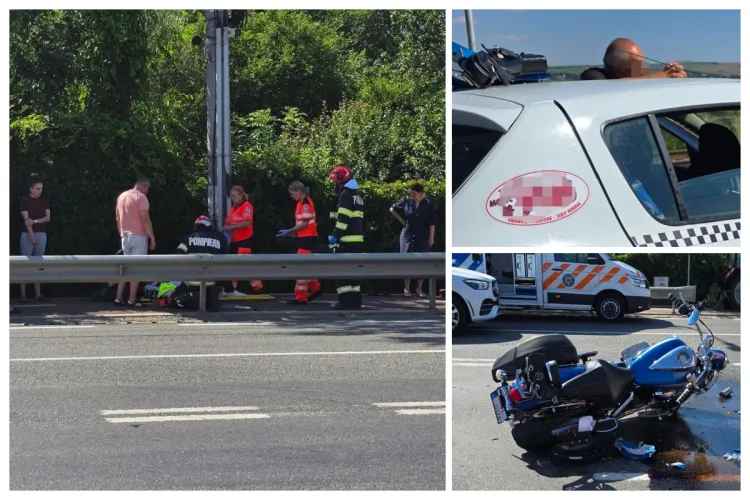Noi imagini și detalii de la accidentul grav din Jucu, Cluj: Motociclist și un pasager de 85 de ani răniți. Mașina implicată ar fi fost un taxi