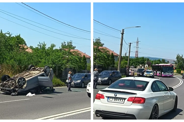 Accident pe Feleacu, în Cluj! O mașină s-a răsturnat, traficul se desfășoară cu dificultate FOTO