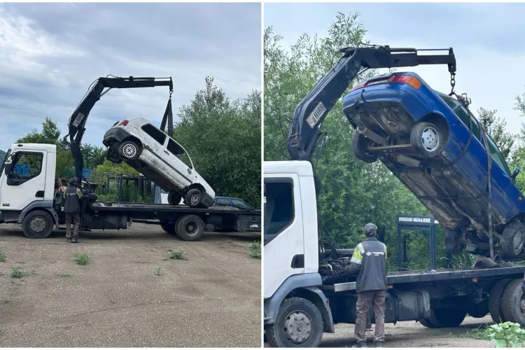 Adio, mașini abandonate într-o localitate din județul Cluj! A început ridicarea „rablelor” de pe domeniul public. Zeci de autoturisme „săltate” de pe drum