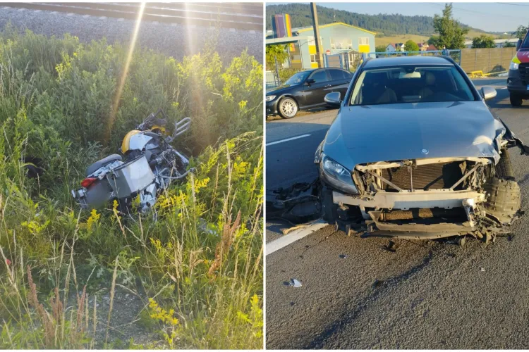 Accident între o motocicletă și un autoturism la Dej. Motociclist de aproximativ 50 de ani, transportat la spital
