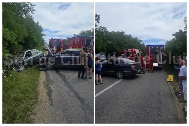 Accident grav la intrarea în Cojocna, Cluj, acum: Trei persoane au fost rănite. Martor: Se pare că sunt scurgeri de ulei și combustibil pe șosea! FOTO