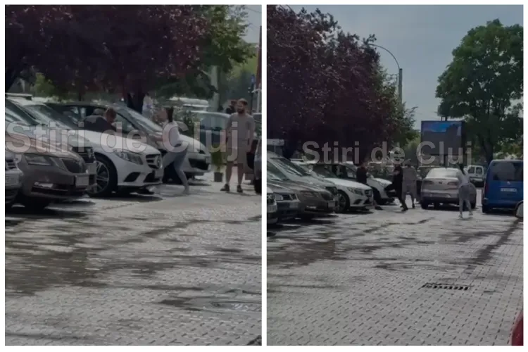 EXCLUSIV VIDEO. Bătaie ca-n Vestul Sălbatic în parcarea Sigma Center, în Cluj, în urmă cu puțin timp. S-au lovit cu pumnii, picioarele și o bâtă