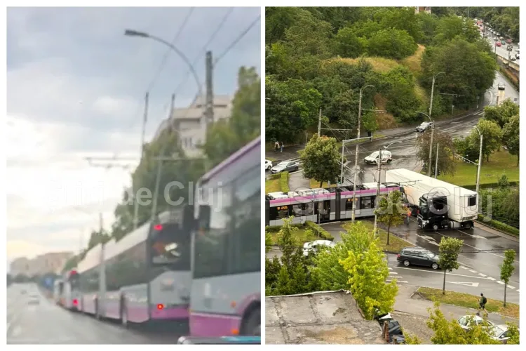 VIDEO. Trafic blocat la Podul Calvaria, din Cluj după accidentul dintre tramvai și TIR. „Toate troleibuzele sunt blocate de la stația Grădini Mănăștur”