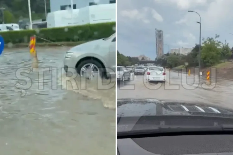 VIDEO. O ploaie de doar 10 minute a transformat intrarea în Cluj într-un „lac”. Șoferii au mers cu mașinile ca și cum ar fi fost bărci, prin apă 