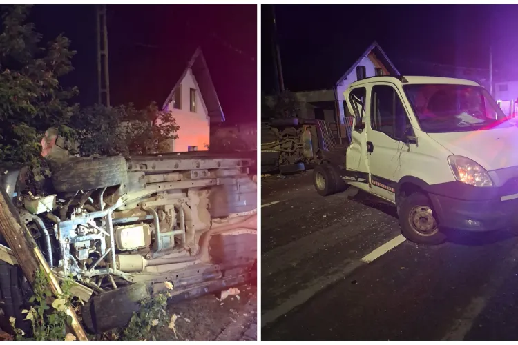 Accident în miez de noapte în Cluj! O mașină s-a răsturnat după impactul cu o autoutilitară. Pompierii și echipajul SMURD au venit de urgență