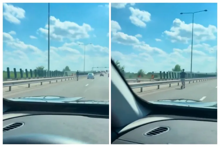 VIDEO: Tânăr pe trotinetă electrică pe Autostrada A3: Circula nestingherit pe banda de viteză! Șoferii au rămas fără cuvinte: „Credeam că nu văd bine!”