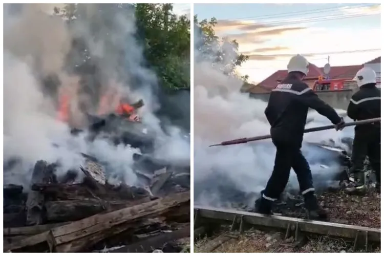 VIDEO Incendiu puternic chiar lângă linia ferată în apropiere de gara din Gherla. Fumul a cuprins toată zona