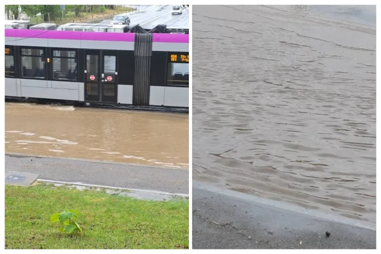 Ploaia torențială a inundat mai multe zone din Cluj! Tramvaie și troleibuze înconjurate de apă, după ploaia de vară din această după-amiază