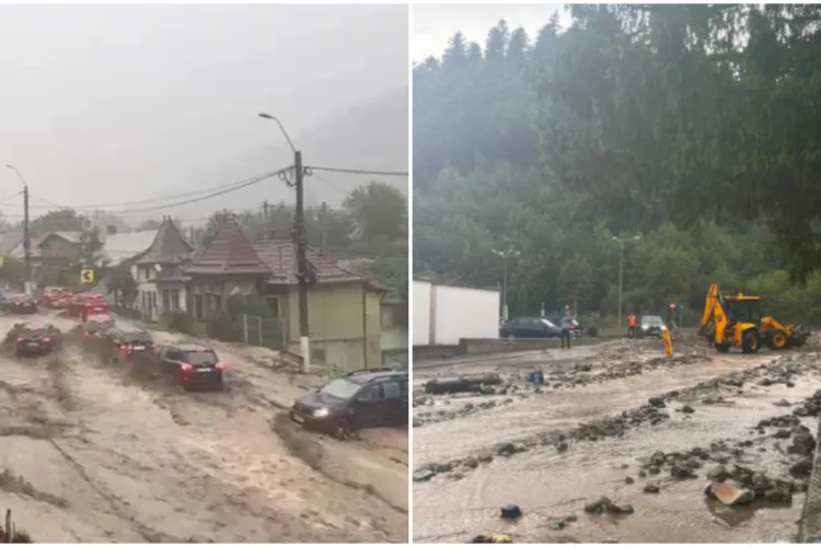 VIDEO. Viitură devastatoare în Bușteni după o rupere de nori în Bucegi. O femeie a fost grav rănită, mai multe mașini au fost luate de ape și DN1 e blocat