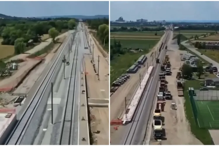 VIDEO. Se vede luminița de la capătul tunelului! Magistrala Cluj – Oradea prinde contur: peste 80% din calea ferată este deja montată pe unul dintre loturi