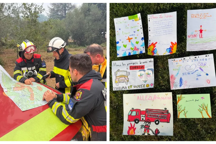 FOTO. Pompierii români, aplaudați în Franța după lupta cu incendiile! Gestul copiilor i-a emoționat profund. Opt pompieri clujeni, printre eroi