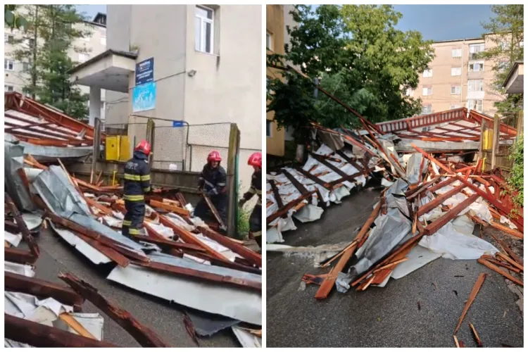 VIDEO Furtuna a făcut ravagii în Cluj! Acoperișul unui bloc din Dej s-a prăbușit peste mașinile parcate în apropiere