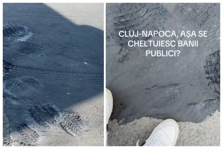 VIDEO. Lucrări de „asfaltare” suspecte pe o stradă din Cluj. Apeși cu piciorul pe asfalt și rămâne urma: „Asfalt, canci! Astea sunt reparații durabile?”