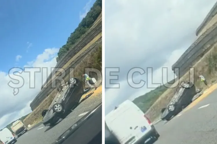 VIDEO. Imagini dramatice de la accidentul din Cluj! Un șofer de 44 de ani s-a răsturnat cu mașina pe carosabil, în plină zi: Ce a descoperit poliția