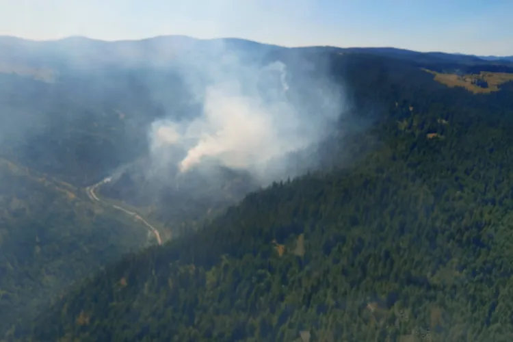 VIDEO. Incendiu din pădurile de la Mărișel, greu de stins! Se intervine acum cu elicopterul, după ce echipajele de la sol se luptă de două zile cu focul