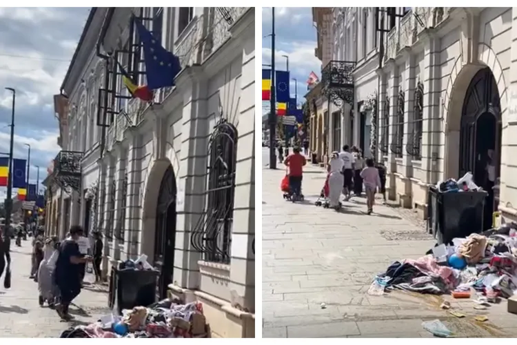 VIDEO. Scene REVOLTĂTOARE în centrul Clujului. O pubelă de gunoi, răsturnată în plină zi de mai multe persoane 