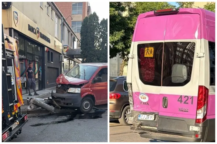 Accident pe Bulevardul Muncii din Cluj. Microbuz școlar al CTP lovit de o dubiță în fața Universității Tehnice. Mașina a rupt un stâlp FOTO