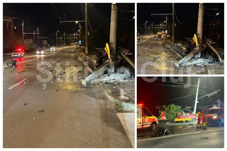 VIDEO. Accident cumplit la Cluj-Napoca! O mașină s-a făcut bucăți după impactul cu un stâlp, la Podul Someșeni. Șoferul a murit