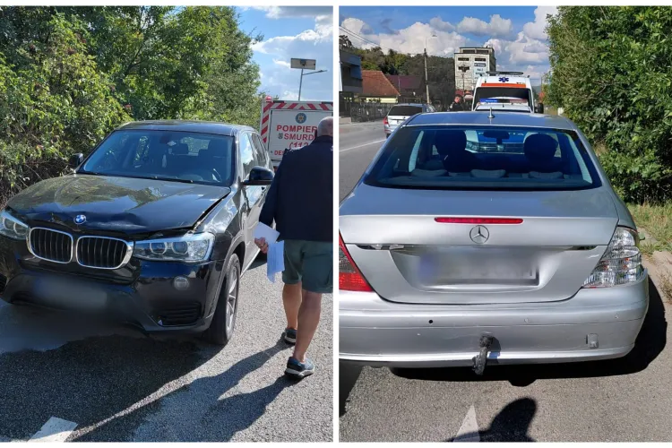 Accident pe Strada 1 Mai din Dej, Cluj: O femeie a fost dusă la spital cu răni la coloană după ce un BMW și un Mercedes s-au ciocnit