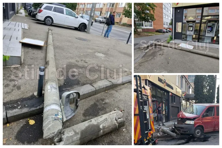 Autorități incapabile? Un stâlp doborât în accident pe Bulevardul Muncii din Cluj zace pe jos de 9 zile: „Trebuie să sari peste el să ajungi la bancomat”