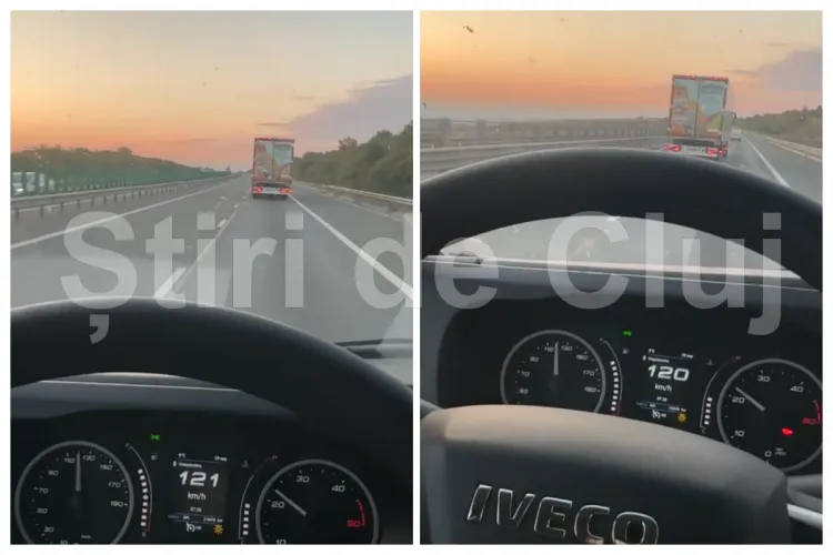 VIDEO. TIR surprins „zburând” pe A3, în Cluj, mult peste limita legală! Devansează un IVECO care avea deja 120 km/h pe bord